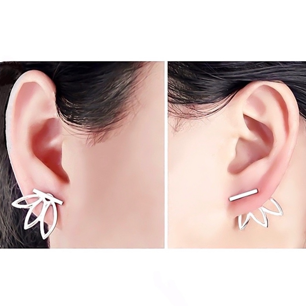 Silver Bar Stud w/Lotus Flower Jacket Earrings - Picture 8 of 8
